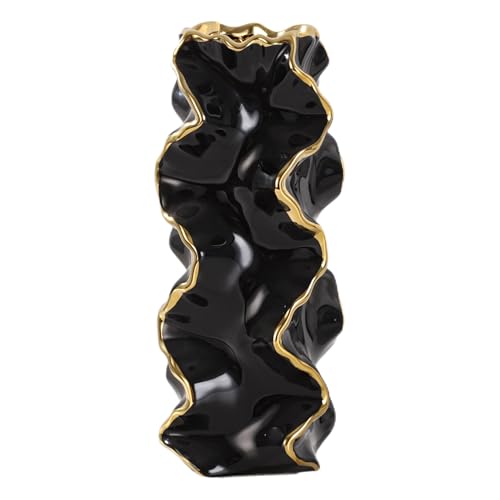 YUSHUIHOME Ceramic Vase with Wave Pattern & Gold Trim | Modern Luxury Wedding/Home Decor | Square Shape