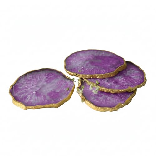 Image of Natural Agate Stone Tea Coasters Set | Premium Stone Coasters for Tea, Coffee & Glass | Heat Resistant Coasters for Dining Table, Office Desk & Home Decor | Pack of 4 | Color -Purple