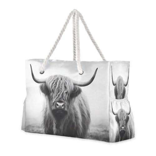 Highland Cow Beach Bag with Top Zipper Closure, Waterproof Pool Bag, Large Beach Tote for Women#51