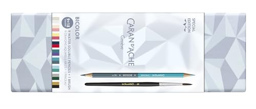 Caran d'Ache Juego de 9 lápices bicolores, edición especial Alpine Frost, 18 colores y pincel, caja de cartón premium, luminancia, lápices de artista, colorear, arte de acuarela, tono de color