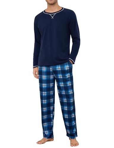 Litherday Pigiama da Uomo Invernale Pigiama Lungo in Cotone da Uomo a Maniche Lunghe con Coulisse e Tasche 2 Pezzi, S-XXL