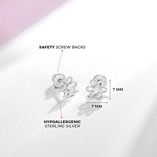 Image of In Season Jewelry CZ Flower Kids Earrings - 925 Sterling Silver Hypoallergenic Earrings for Girls with Secure Screw Backs - Safe & Comfortable for Toddlers, Kids & Little Girls