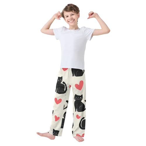Cat Love Heart Boys Long Pants Soft Trousers Elastic Waist Kids Lounge Bottoms with Pockets S-XL3