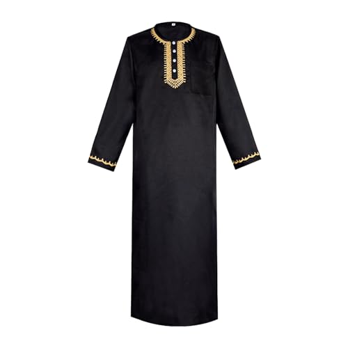 Rrongwn Vestidos musulmanes para hombre, informales, batas holgadas, camisa musulmana musulmana, ropa de caftán árabe, musulmán, ropa casual, cuello en V, ropa de dormir Ramadán, Negro , XL