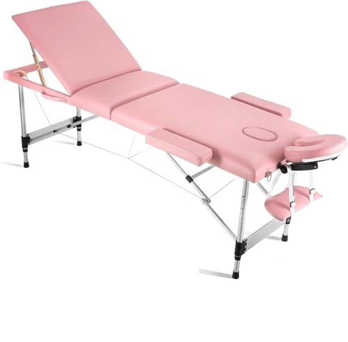 PSNKLMM Mesa de Masaje portátil, Cama de Masaje Profesional, 3 Pliegues, 82 Pulgadas de Altura Ajustable for SPA, salón de Tatuajes de pestañas con Aluminio para Fisioterapia Y Tatuaje(Light Pink)