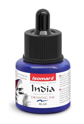 Image of Isomars Waterproof Drawing Ink with Dropper - 35ml | India Ink for Calligraphy, Art, Technical Drawing | Fade-Resistant & Quick-Drying (Blue)