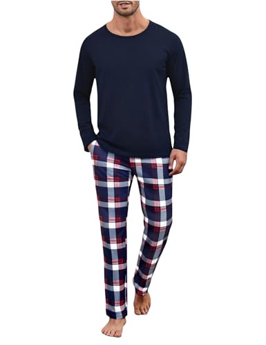 Uniexcosm Pijama de Hombre Algodón de Cuadros Manga Larga Con Bolsillo   Ropa de Casa Cuello Redondo Conjunto Suave Para Casual Hogar   Azul Marino M