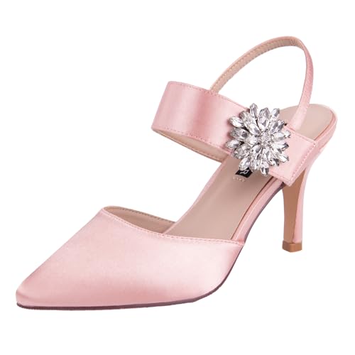 Image of ERIJUNOR Mid Heel Shoes for Women Pointed Toe Slingback Rhinestone Brooch Satin Dress Pumps Evening Prom Wedding Shoes