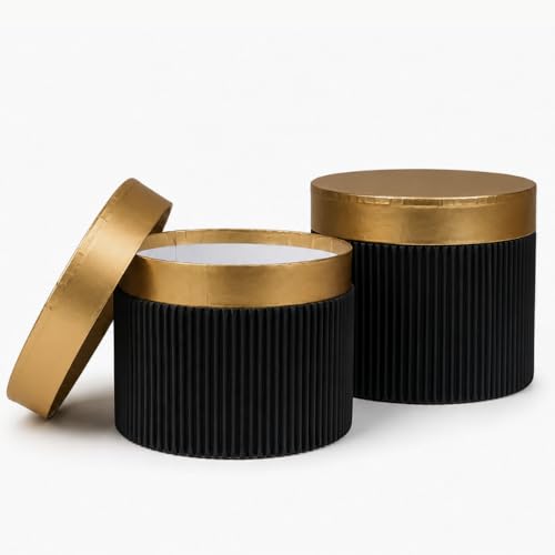Image of Oasis Paper Gift Box Scalloped Lid Empty, Decorative, Reusable, Multipurpose Birthday, Anniversary, Wedding, Return Gifts Hamper Packaging (Set of 3)-Round (h) Black Flute)