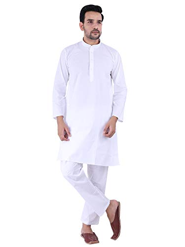 Image of JEXI Men's Cotton Blend Solid Kurta Pyjama Set - Knee-Length, Mandarin Collar, Full Sleeve, Ethnic Wear