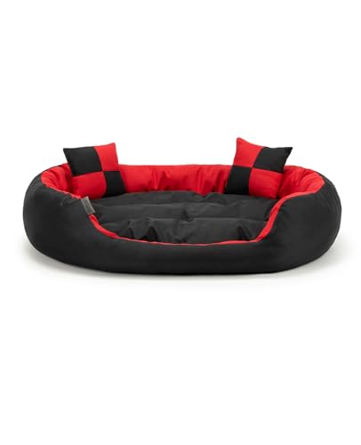 lionto Hundebett 4-in-1 mit Wendekissen aus robustem Oxford, 65x50 cm, Heimtierkissen Kratzfest mit tiefem Einstieg für Katzen und Hunde Aller Größen, inkl. Zierkissen, wasserabweisend, rot/schwarz