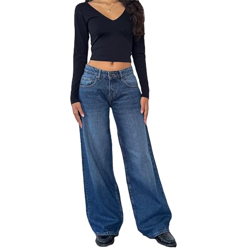 Straight Leg Jeans for Women Wide Leg Stretch Jeans Low Rise Boyfriend Trendy Long Denim Pants