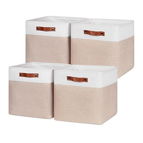 Image of HNZIGE Set of 4 Fabric Storage Baskets (4 Pack), Large Baskets for Shelves, 13x13x13 Inch Storage Cubes with Leather Handles for Home, Toys, Clothes, Kids Room, Closet Storage (White & Beige)