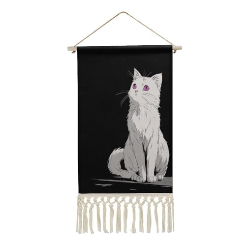 Jubonexis Arazzo da parete in lino, gatto bianco con occhi viola, poster da parete vintage con nappe e asta in legno