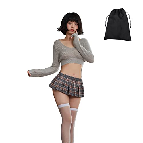 [Edostree] セーター コスプレ セクシー ニット JK プリ—ツスカ—ト ランジェリー 長袖 過激 レディース 可愛い ミニスカート ストッキング 収納袋付き