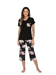 Famulily Cropped pyjamas for women Supersoft V Neck Pyjamas Sets Short Sleeve Sleep V Neck Tee and Comfort Cropped Pant 2 Pieces with Elastic Black XL