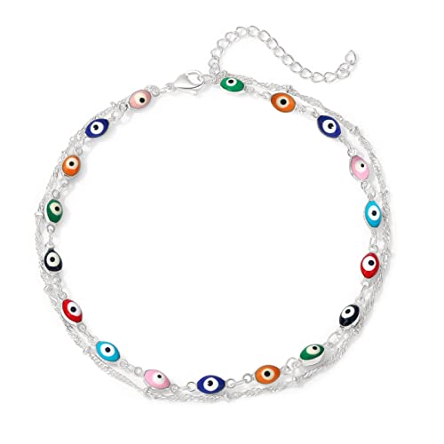 Descount Silver Plated Double Layered Multi-Colored Evil Eye Anklet,Friendship Foot Chain Ankle Bracelet For Women #TOP4