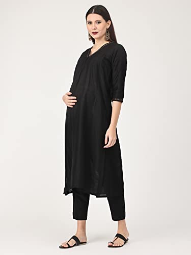 Image of The Mom Store Maternity Nursing and Feeding Kurta Set | Nursing Zippers | Pre and Post Pregnancy | Raw Silk | Kurta Pant Set | Solid |