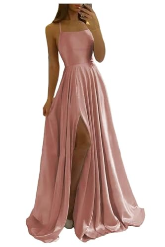 Image of Women Long Formal Dress Solid Satin Spaghetti Straps A Line Evening Cocktail Dresses with Slit