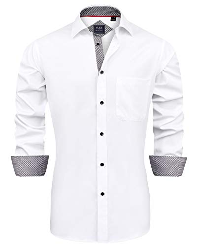 J.VER Men's White Formal Dress Shirts Long Sleeve Regular Fit Stretch Fashion Business Shirt Wedding Work Non Iron M