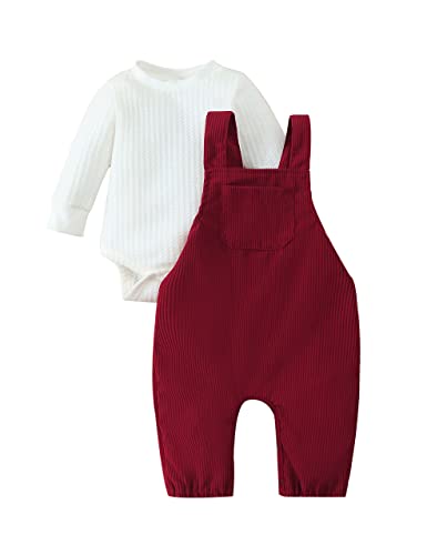 Image of FRLOONY Newborn Baby Girl Clothes Solid Ribbed Long Sleeve Romper + Corduroy Overalls Pants Set Infant Girls Outfits 2Pcs