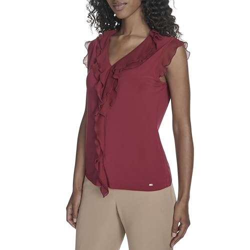 Tommy Hilfiger Women's Sleeveless Mix Media Ruffle Front Blouse3
