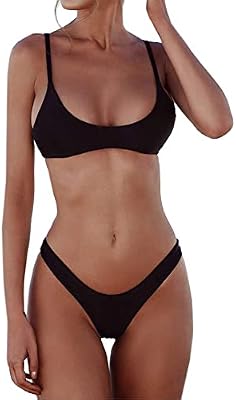 SherryDC Women's Solid Scoop Neck Push Up Padded Brazilian Thong Bikini Swimsuit - Black, Small