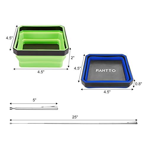 Collapsible Magnetic Trays, 4 Pack Foldable Silicone Magnetic Tool Trays For Small Metal Parts, Bolts, Screws, Nuts, Washers, With Telescoping Magnetic Pick-Up Tool, 4.5In Square #TOP5