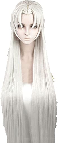HBYLEE -Wig for cosplay 39in 100 cm Largo Inuyasha Sesshomaru Peluca con orejas Resistente al Calor Cosplay Silvery Pelo Sintético Peruca+Peluca Gorra