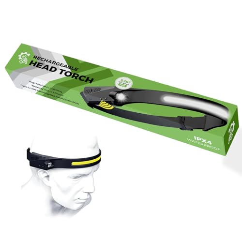Spanner In The Works LED Head Torch Rechargeable Waterproof with Motion Sensor, USB-C Rechargeable Head Torch for Running, Waterproof Headtorch Helmet Light