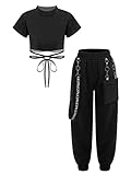 Fldy Kid Girls 2 Piece Outfits Girls Crop Tops with Sweatpants Joggers Set Jazz Hip Hop Dance Clothes Set Black A 7-8 Years