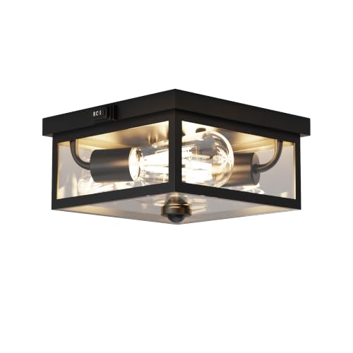 Craftersmark Outdoor Ceiling Light with Motion Sensor Flush Mount Porch Light Exterior Light Fixture with Clear Glass Dusk to Dawn 2-Light Fixture for Patio Porch (8.5 in)