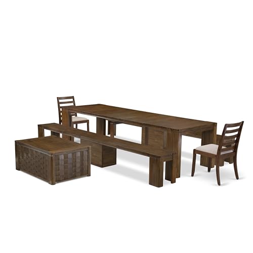 Image of X02X1-2C8-04 6-Pc Kitchen Table Set includes an Extendable Kitchen Table, 1 Coffee Table, 2 Stackable Polyester Dining Chairs and 2 Benches, 39x120 Inch, Antique Walnut