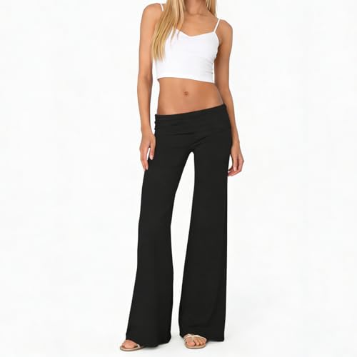 Image of Lounge Yoga Pants for Women Fold Over Low Waist Wide Leg Bell Bottoms | Y2K Foldover Pants, Flare Leggings, Low Rise Yoga Sweatpants