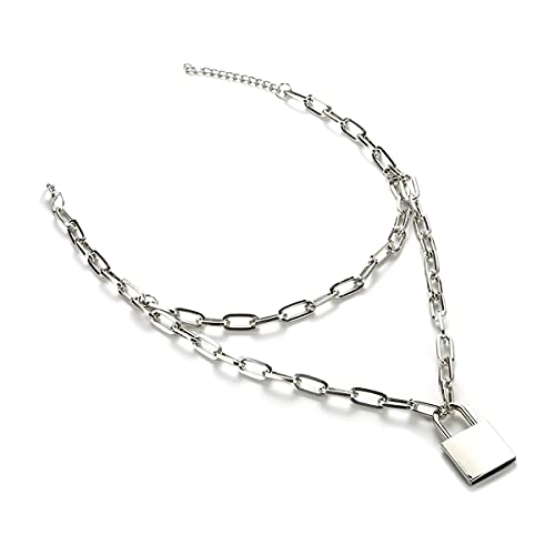 Jrzyhi Schloss Halskette Silber Anhänger Halskette Punk Mehrschicht Halskette Lange Punk-Kette Schloss Dicke Kette mit Schloss Anhänger Halskette Punk Vorhängeschloss Mehrschichtige für Unisex Cover
