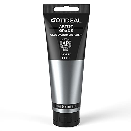 GOTIDEAL Metallic Acrylic Paint Silver Tubes(120ml 4.1 oz) Non Toxic Non Fading Rich Pigments for Painters Adults & Kids Ideal for Canvas Wood Clay Fabric Ceramic Craft Supplies (Silver)