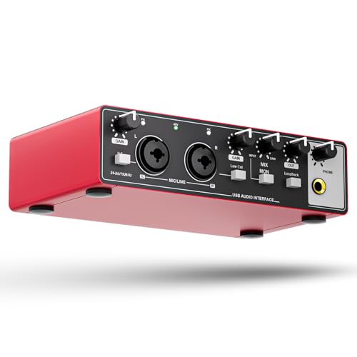 TISINO Audio Interface 2i2-24Bit/192kHz, USB Audio Interface for Recording, Songwriting, Streaming and Podcasting, Plug & Play Studio Interface with 48V Phantom Power, PC/Mac/iOS Compatible,RED