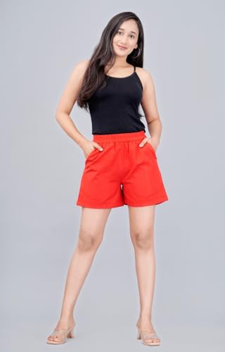 Image of Women's Cotton Regular Relaxed Fit Solid Print Design Thigh Length Casual Summer Running Yoga Gym Night Wear Shorts Elastic Waistband and Drawstring with Pocket