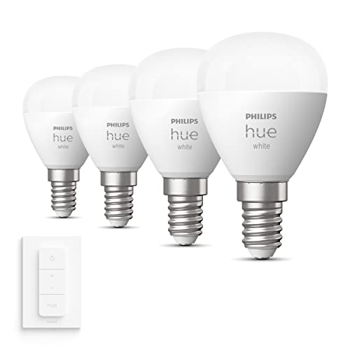Philips Hue Vorteilspaket - E14 - mit 4 Kugel LED Lampen - Warmweißes Licht - inkl. 1 Hue Dimmschalter - Hue White