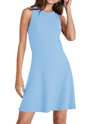 Image of Wenrine Womens Summer Casual Tank Dress Ribbed Knit Sleeveless Crewneck A Line Mini Dresses