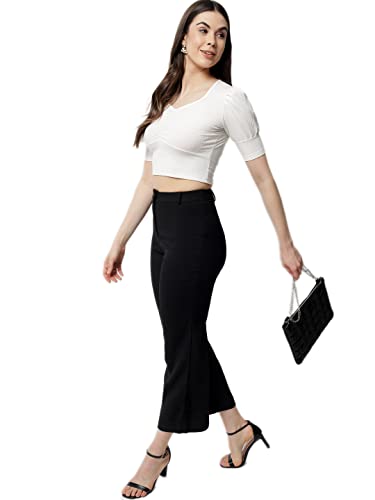 Image of POPWINGS Solid Ribbed Slim Fit Crop Tops for Women | Polycotton Stylish Western 3 /4 Puff Sleeves Casual and Summer Crop Tops for Women
