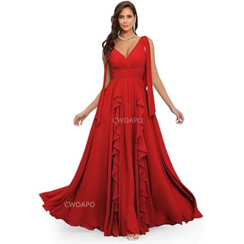 CWOAPO Red Plus Size Maxi Bridesmaid Dresses Chiffon Dress Ruffles Hem Dresses for Women Red Tie Shoulder Dresses for Women 2024 Formal Dress US28W Cover