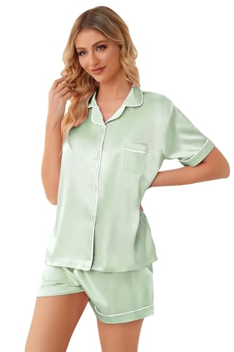 Image of Girls & Womens Satin Pajamas Set, Silk Button-Down Sleepwear 2 Piece Nightwear, 3 Years - Women XXL