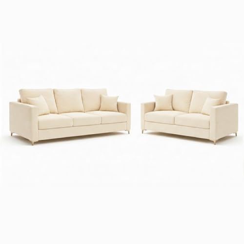 Image of Hayes Rich Velvet Suede 3 Seater + 2 Seater Sofa Set with Ottoman | Golden Aesthetic Legs | 6 Person Seating Capacity | Spacious Soft Touch Comfort | Modern Living Room Sofa - Cream