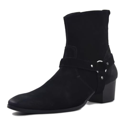 OSSTONE Bota social masculina de couro Chukka Designer Botas casuais de salto com zíper OS-JY002-US, Couro de camurça preta com cinto, 39
