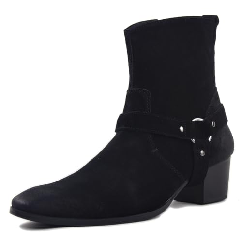 Image of Dress Boot for Men Leather Chukka Designer Boots Casual Heel Shoes Zipper-up by OTTO Zone JY002 Black Suede Belt 9