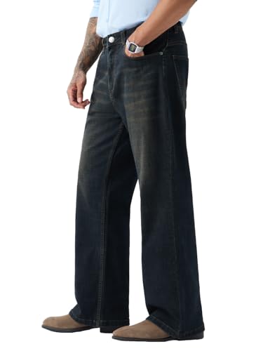 Image of The Souled Store Raw Static Men and Boys Zippered Dark Blue Washed Stretch Cotton Blend Bootcut Fit Stretchable Lightweight Everyday All-Season Durable Comfortable Bootcut Denim Jeans