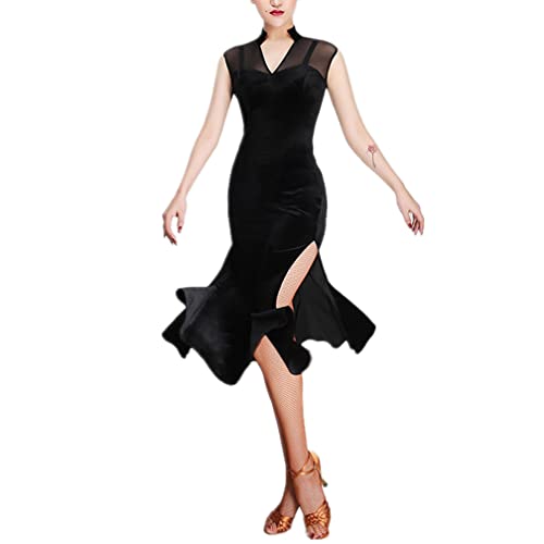 ZYMOZYM Women Black V-Neck Latin Ballroom Dress High Slit Fishtail Dress for Party Cocktail Dress