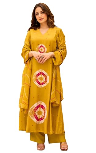Image of Nermosa Women Viscose Kurta Pant Dupatta Set | Summer Friendly Ethnic Suit Set for Women | V-Neck Printed Kurti with Matching Pants & Dupatta | Casual & Office Wear