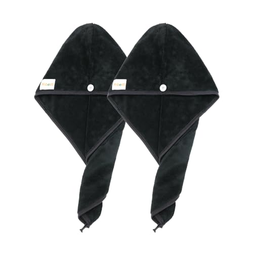 M-bestl 2 Pack Microfiber Hair Towel Wrap,Hair Drying Towel with Button,Absorbent and Anti-frizz Head Towel to Dry Curly or Straight Hair Quickly (Black)